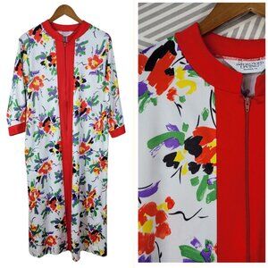 Vintage Housecoat Patio House Dress Robe Large lightweight Muumuu Floral Red